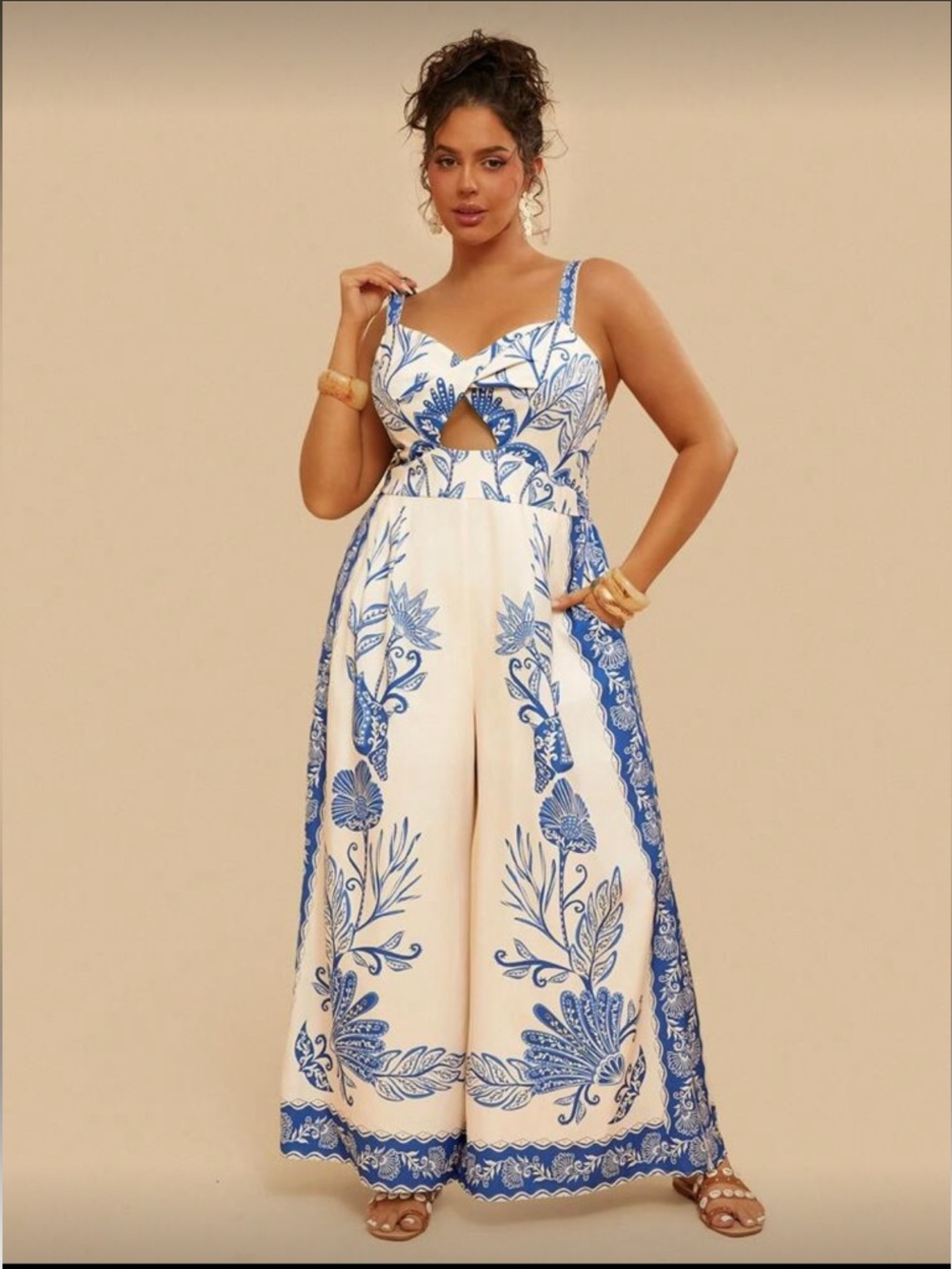 Travachic Tropical Blue & White Floral Romper Wide Leg Plus Size 0XL 12